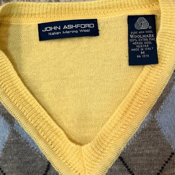 John Ashford 100% Merino Wool Extra Fine Argyle Sweater Academia Italy Medium - Picture 3 of 6